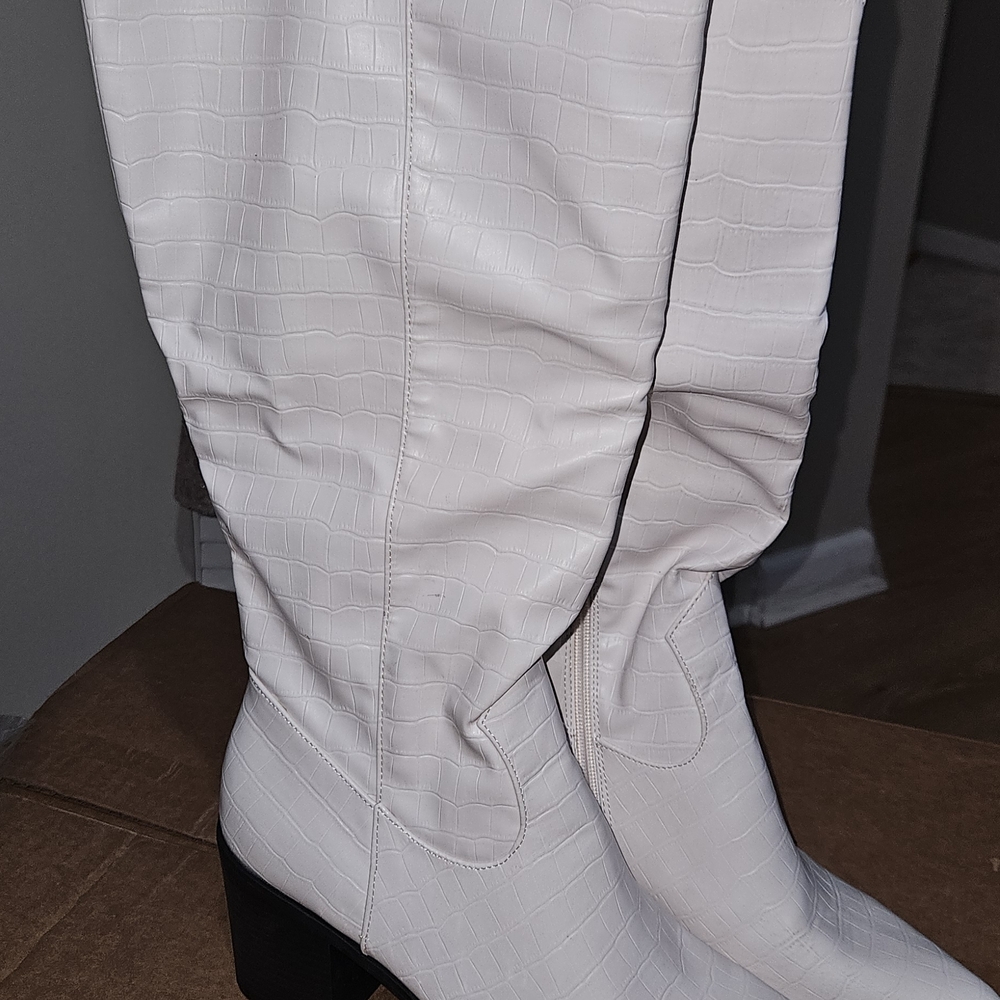 White Croc-Embossed Knee-High Boots